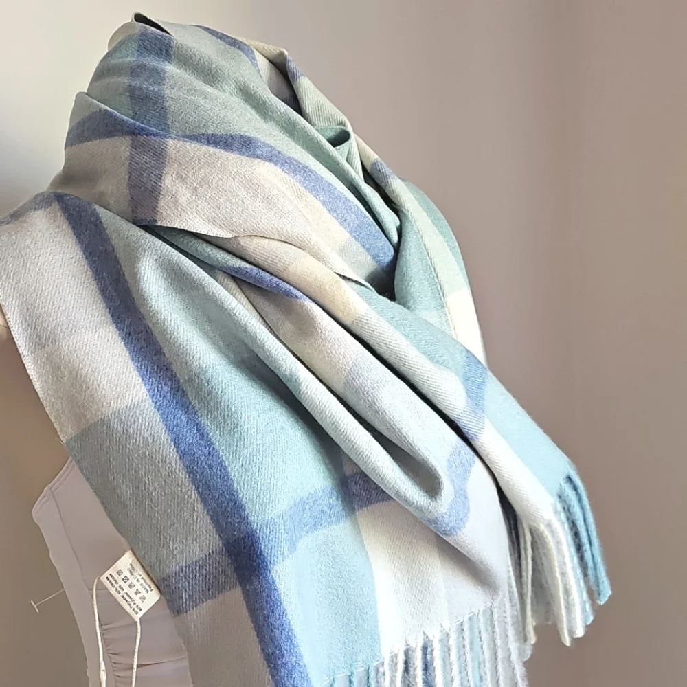 Pretty Pursuasians Scarf Pale Blue White Gray Fringe Scarf Wrap